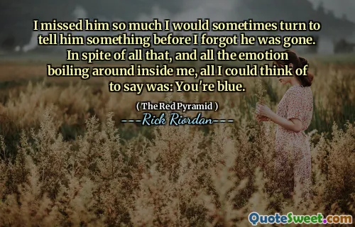 I missed him so much I would sometimes turn to tell him something before I forgot he was gone. In spite of all that, and all the emotion boiling around inside me, all I could think of to say was: You're blue.