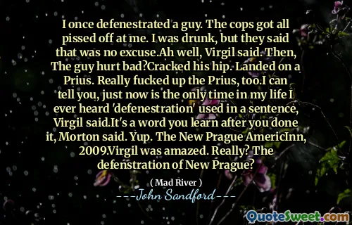 我曾经把一个人扔进了窗外。警察都对我很生气。我喝醉了，但他们说这不是借口。好吧，维吉尔说。然后，那家伙伤得很重？摔断了臀部。降落在普锐斯上。普锐斯也真的搞砸了。我可以告诉你，刚才是我一生中唯一一次听到在句子中使用“射窗”，维吉尔说。这是一个你做过之后才知道的词，莫顿说。是的。新布拉格 AmericInn，2009 年。维吉尔很惊讶。真的吗？新布拉格的防御工事？