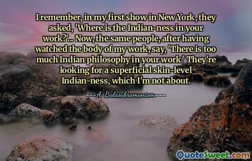 I remember, in my first show in New York, they asked, 'Where is the Indian-ness in your work?'... Now, the same people, after having watched the body of my work, say, 'There is too much Indian philosophy in your work.' They're looking for a superficial skin-level Indian-ness, which I'm not about.