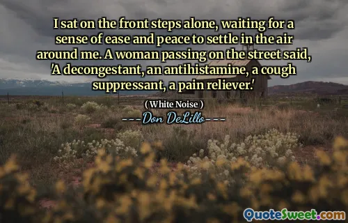 I sat on the front steps alone, waiting for a sense of ease and peace to settle in the air around me. A woman passing on the street said, 'A decongestant, an antihistamine, a cough suppressant, a pain reliever.'