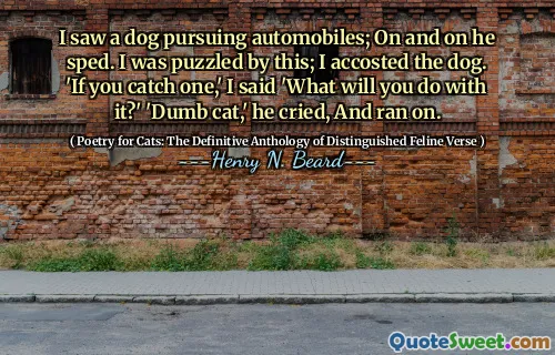 I saw a dog pursuing automobiles; On and on he sped. I was puzzled by this; I accosted the dog. 'If you catch one,' I said 'What will you do with it?' 'Dumb cat,' he cried, And ran on.