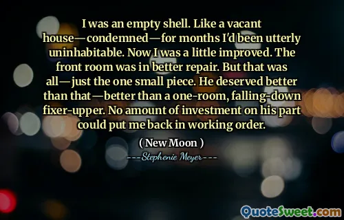 I was an empty shell. Like a vacant house―condemned―for months I'd been utterly uninhabitable. Now I was a little improved. The front room was in better repair. But that was all―just the one small piece. He deserved better than that―better than a one-room, falling-down fixer-upper. No amount of investment on his part could put me back in working order.
