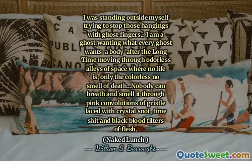 我正站在外面，试图用鬼手指阻止那些悬挂的东西……我是一个幽灵，想要每个幽灵想要的东西 - 在长期以来没有生命的无味小巷之后，只有无色的味道没有无色的死亡气味……没人可以通过粉红色的粉红色卷发，与水晶味，时间狗屎和黑色的肉体肉体散发出粉红色的卷发。