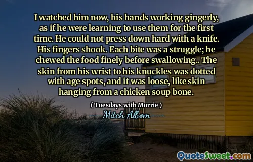 我现在看着他，他的手小心翼翼地工作，好像他是在学习第一次使用它们。他不能用刀努力压。他的手指摇了摇。每个咬人都是一场挣扎。吞咽前，他咀嚼食物。.从手腕到指关节的皮肤上点缀着年龄斑，它松散了，就像皮肤从鸡汤骨头上垂下来一样。