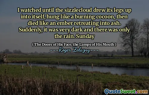 I watched until the sizzlecloud drew its legs up into itself, hung like a burning cocoon, then died like an ember retreating into ash. Suddenly, it was very dark and there was only the rain. Sunday