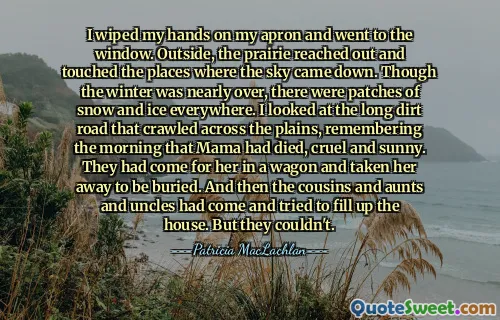 I wiped my hands on my apron and went to the window. Outside, the prairie reached out and touched the places where the sky came down. Though the winter was nearly over, there were patches of snow and ice everywhere. I looked at the long dirt road that crawled across the plains, remembering the morning that Mama had died, cruel and sunny. They had come for her in a wagon and taken her away to be buried. And then the cousins and aunts and uncles had come and tried to fill up the house. But they couldn't.