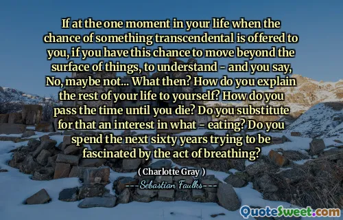 如果在您生命中的一刻，就有机会向您提供超越事物的机会，如果您有机会超越事物的表面，理解 - 您说，不，也许不是...那又怎样？您如何向自己解释余生？您如何经历时间直到死去？您是否替代了对什么的兴趣 - 饮食？您是否在接下来的六十年中试图对呼吸行为着迷？