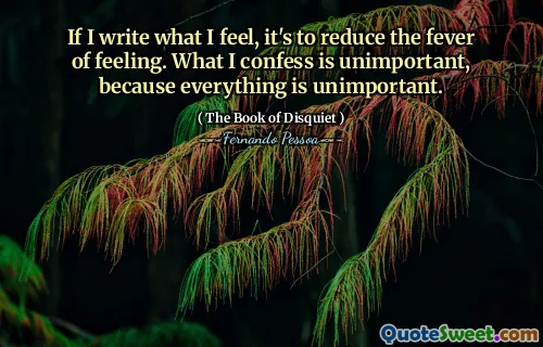 If I write what I feel, it's to reduce the fever of feeling. What I confess is unimportant, because everything is unimportant.