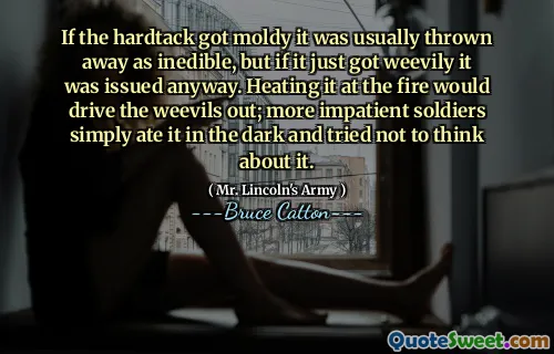 If the hardtack got moldy it was usually thrown away as inedible, but if it just got weevily it was issued anyway. Heating it at the fire would drive the weevils out; more impatient soldiers simply ate it in the dark and tried not to think about it.