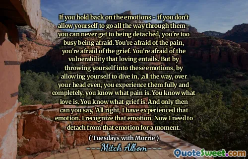 If you hold back on the emotions - if you don't allow yourself to go all the way through them - you can never get to being detached, you're too busy being afraid. You're afraid of the pain, you're afraid of the grief. You're afraid of the vulnerability that loving entails. But by throwing yourself into these emotions, by allowing yourself to dive in, ,all the way, over your head even, you experience them fully and completely. you know what pain is. You know what love is. You know what grief is. And only then can you say, 'All right, I have experienced that emotion. I recognize that emotion. Now I need to detach from that emotion for a moment.