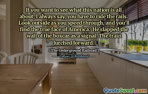 If you want to see what this nation is all about, I always say, you have to ride the rails. Look outside as you speed through, and you'll find the true face of America.' He slapped the wall of the boxcar as a signal. The train lurched forward.