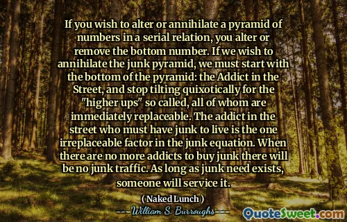 如果您想在串行关系中更改或歼灭数字的金字塔，请更改或删除底部数字。如果我们想歼灭垃圾金字塔，我们必须从金字塔的底部开始：街上的瘾君子，然后停止静静地倾斜所谓的“高级UPS”，所有这些人都可以立即更换。街上必须有垃圾才能生活的瘾君子是垃圾方程中的一个不可替代的因素。如果没有更多的瘾君子购买垃圾，就不会有垃圾流量。只要垃圾需要，有人就会为之服务。