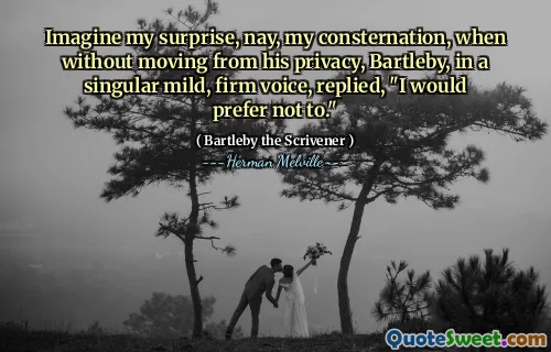 想象一下，我的惊喜，不，我的震惊，当时没有他的隐私，巴特比（Bartleby）以一种单一的温和，坚定的声音回答：“我宁愿不这样做。”