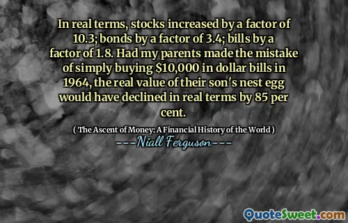 In real terms, stocks increased by a factor of 10.3; bonds by a factor of 3.4; bills by a factor of 1.8. Had my parents made the mistake of simply buying $10,000 in dollar bills in 1964, the real value of their son's nest egg would have declined in real terms by 85 per cent.