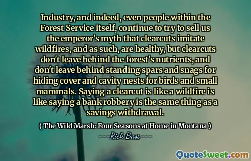 Industry, and indeed, even people within the Forest Service itself, continue to try to sell us the emperor's myth that clearcuts imitate wildfires, and as such, are healthy, but clearcuts don't leave behind the forest's nutrients, and don't leave behind standing spars and snags for hiding cover and cavity nests for birds and small mammals. Saying a clearcut is like a wildfire is like saying a bank robbery is the same thing as a savings withdrawal.