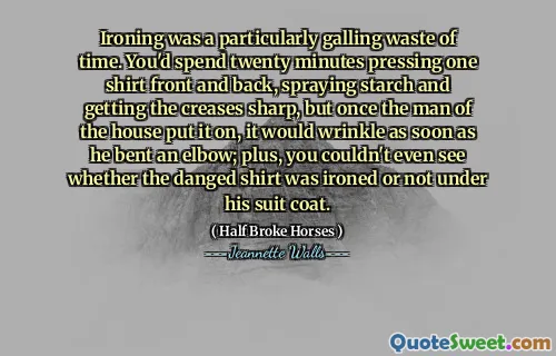 Ironing was a particularly galling waste of time. You'd spend twenty minutes pressing one shirt front and back, spraying starch and getting the creases sharp, but once the man of the house put it on, it would wrinkle as soon as he bent an elbow; plus, you couldn't even see whether the danged shirt was ironed or not under his suit coat.