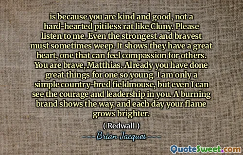 is because you are kind and good, not a hard-hearted pitiless rat like Cluny. Please listen to me. Even the strongest and bravest must sometimes weep. It shows they have a great heart, one that can feel compassion for others. You are brave, Matthias. Already you have done great things for one so young. I am only a simple country-bred fieldmouse, but even I can see the courage and leadership in you. A burning brand shows the way, and each day your flame grows brighter.
