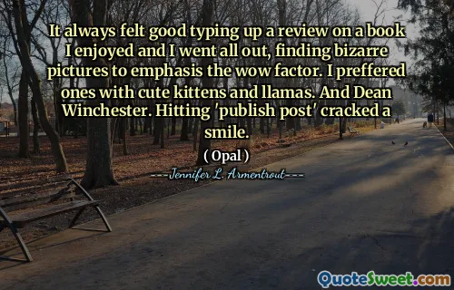 It always felt good typing up a review on a book I enjoyed and I went all out, finding bizarre pictures to emphasis the wow factor. I preffered ones with cute kittens and llamas. And Dean Winchester. Hitting 'publish post' cracked a smile.