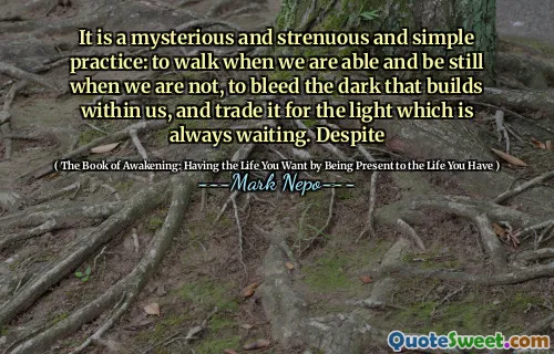 È una pratica misteriosa, faticosa e semplice: camminare quando siamo in grado ed essere fermo quando non siamo, sanguinare il buio che si costruisce dentro di noi e scambiarlo con la luce che è sempre in attesa. Nonostante