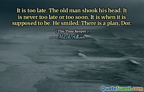 已经太晚了。老人摇摇头。永远不会太晚或太早。这是该有的时候。他笑了。有一个计划，多尔。
