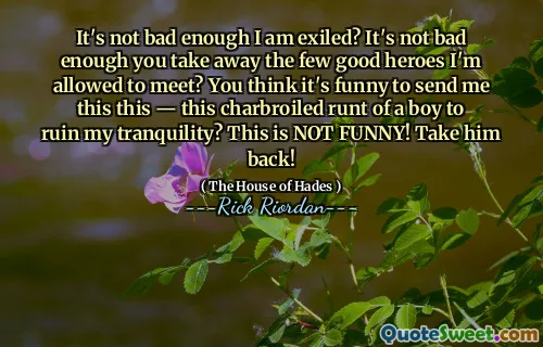 It's not bad enough I am exiled? It's not bad enough you take away the few good heroes I'm allowed to meet? You think it's funny to send me this this ― this charbroiled runt of a boy to ruin my tranquility? This is NOT FUNNY! Take him back!