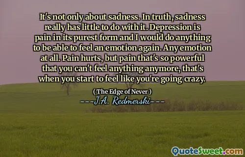 It's not only about sadness. In truth, sadness really has little to do with it. Depression is pain in its purest form and I would do anything to be able to feel an emotion again. Any emotion at all. Pain hurts, but pain that's so powerful that you can't feel anything anymore, that's when you start to feel like you're going crazy.