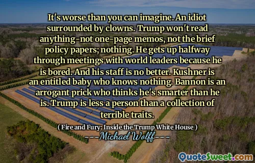 It's worse than you can imagine. An idiot surrounded by clowns. Trump won't read anything-not one-page memos, not the brief policy papers; nothing. He gets up halfway through meetings with world leaders because he is bored. And his staff is no better. Kushner is an entitled baby who knows nothing. Bannon is an arrogant prick who thinks he's smarter than he is. Trump is less a person than a collection of terrible traits.
