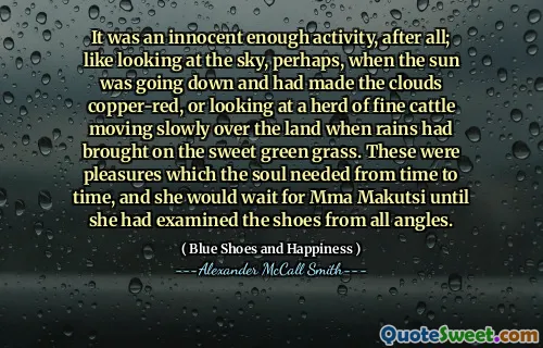 It was an innocent enough activity, after all; like looking at the sky, perhaps, when the sun was going down and had made the clouds copper-red, or looking at a herd of fine cattle moving slowly over the land when rains had brought on the sweet green grass. These were pleasures which the soul needed from time to time, and she would wait for Mma Makutsi until she had examined the shoes from all angles.