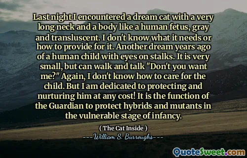 昨晚，我遇到了一只梦想的猫，脖子很长，像人类的胎儿，灰色和易碎的猫。我不知道它需要什么或如何提供它。几年前，另一个梦dream以求的人是茎上眼睛的孩子。它很小，但是可以走路和说话：“你不想要我吗？”同样，我不知道如何照顾孩子。但是我致力于保护和养育他！在脆弱的阶段，保护杂种和突变体是监护人的功能。