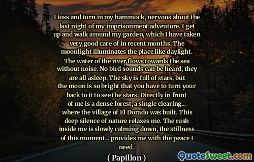 我对我的监禁冒险的最后一晚感到不安，并转过身来。我起身在花园里走来走去，最近几个月我已经很好地照顾了。月光像日光一样照亮了这个地方。河水没有噪音流向大海。无法听到鸟的声音，它们都睡着了。天空充满了星星，但月亮是如此明亮，以至于您必须转过身来看看星星。在我面前正是一片茂密的森林，一个清理……建造了埃尔多拉多村。这种深深的自然沉默使我放松。我内心的匆忙逐渐平静下来，这一刻的宁静……为我提供了我需要的和平。