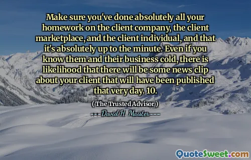 Zorg ervoor dat je absoluut al je huiswerk hebt gedaan op het klantenbedrijf, de klantmarktplaats en de klant van de klant, en dat het absoluut tot het moment is. Zelfs als u hen en hun zakelijke verkoudheid kent, is de kans groot dat er een nieuwsclip over uw klant zal zijn die die dag zal zijn gepubliceerd. 10.