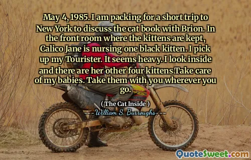 1985年5月4日。我打包了短暂前往纽约与布里恩（Brion）讨论猫书。在保存小猫的前室，Calico Jane正在护理一只黑色小猫。我接我的游客。看起来很重。我看着里面，还有她的其他四只小猫。照顾我的婴儿。无论您走到哪里，都带他们随身携带。