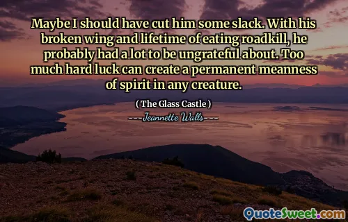 Jag kanske borde ha klippt honom lite slak. Med sin trasiga vinge och livstid av att äta roadkill hade han förmodligen mycket att vara tacksam över. För mycket hård tur kan skapa en permanent betydelse av ande i alla varelser.