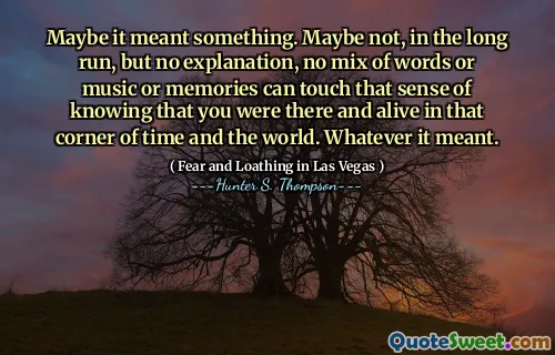 Kanskje det betydde noe. Kanskje ikke, i det lange løp, men ingen forklaring, kan ingen blanding av ord eller musikk eller minner berøre den følelsen av å vite at du var der og levende i det hjørnet av tiden og verden. Uansett hva det betydde.