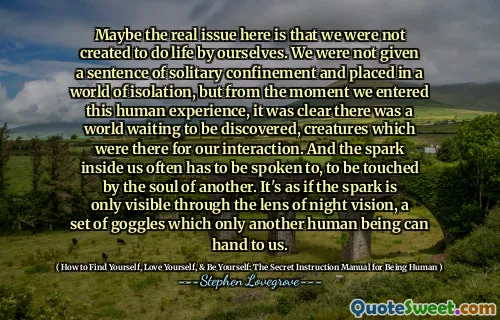 Maybe the real issue here is that we were not created to do life by ourselves. We were not given a sentence of solitary confinement and placed in a world of isolation, but from the moment we entered this human experience, it was clear there was a world waiting to be discovered, creatures which were there for our interaction. And the spark inside us often has to be spoken to, to be touched by the soul of another. It's as if the spark is only visible through the lens of night vision, a set of goggles which only another human being can hand to us.