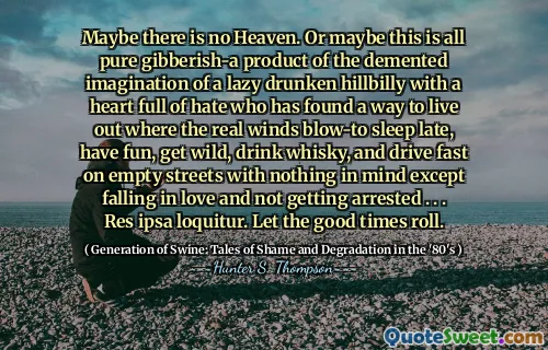 Maybe there is no Heaven.或者，这都是纯净的gibberish-a产物的产物，这是一个懒惰的醉酒的乡下比利，充满仇恨的心脏，他们找到了一种生活方式，在真正的风中吹来了迟到，玩得开心，玩得开心，狂野的威士忌，喝威士忌，在空荡荡的街道上快速驾驶，除了坠入爱河和没有被逮捕外，什么都没有。 。 。 Res ipsa loquitur. Let the good times roll.