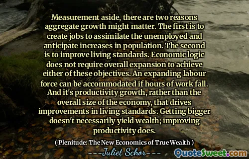 Measurement aside, there are two reasons aggregate growth might matter. The first is to create jobs to assimilate the unemployed and anticipate increases in population. The second is to improve living standards. Economic logic does not require overall expansion to achieve either of these objectives. An expanding labour force can be accommodated if hours of work fall. And it's productivity growth, rather than the overall size of the economy, that drives improvements in living standards. Getting bigger doesn't necessarily yield wealth; improving productivity does.