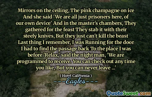 Mirrors on the ceiling, The pink champagne on ice And she said 'We are all just prisoners here, of our own device' And in the master's chambers, They gathered for the feast They stab it with their steely knives, But they just can't kill the beast Last thing I remember, I was Running for the door I had to find the passage back To the place I was before 'Relax,' said the night man, 'We are programmed to receive. You can check out any time you like, But you can never leave ...'