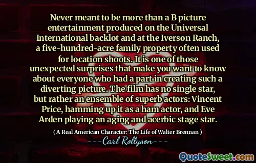Never meant to be more than a B picture entertainment produced on the Universal International backlot and at the Iverson Ranch, a five-hundred-acre family property often used for location shoots. It is one of those unexpected surprises that make you want to know about everyone who had a part in creating such a diverting picture. The film has no single star, but rather an ensemble of superb actors: Vincent Price, hamming up it as a ham actor, and Eve Arden playing an aging and acerbic stage star.