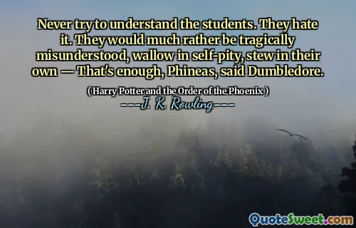 Never try to understand the students. They hate it. They would much rather be tragically misunderstood, wallow in self-pity, stew in their own — That's enough, Phineas, said Dumbledore.