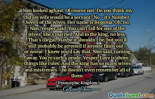 Nim looked aghast. Of course not. Do you think my future wife would be a servant? No - it's Number Seven of the wives. Her name is Begonia. Oh, no, Nim, Vesper said. You can't fall for one of the wives! She's married. And to the king, no less. That's illegal. Maybe it shouldn't be, but you'll still probably be arrested if anyone finds out - or worse. I knew you'd say that, Nim said, turning away. You're such a prude, Vesper. Love is above things like rules. And the king has so many wives and mistresses - he doesn't even remember all of them.