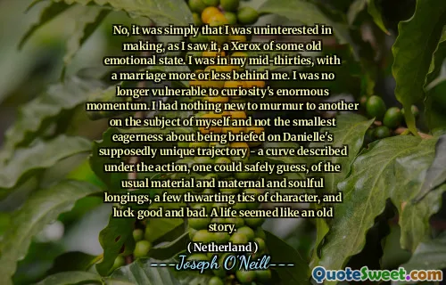 No, it was simply that I was uninterested in making, as I saw it, a Xerox of some old emotional state. I was in my mid-thirties, with a marriage more or less behind me. I was no longer vulnerable to curiosity's enormous momentum. I had nothing new to murmur to another on the subject of myself and not the smallest eagerness about being briefed on Danielle's supposedly unique trajectory - a curve described under the action, one could safely guess, of the usual material and maternal and soulful longings, a few thwarting tics of character, and luck good and bad. A life seemed like an old story.