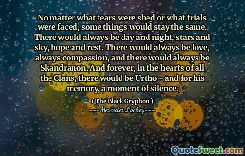 No matter what tears were shed or what trials were faced, some things would stay the same. There would always be day and night, stars and sky, hope and rest. There would always be love, always compassion, and there would always be Skandranon. And forever, in the hearts of all the Clans, there would be Urtho - and for his memory, a moment of silence.