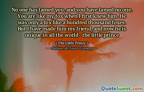 No one has tamed you, and you have tamed no one. You are like my fox when I first knew him. He was only a fox like a hundred thousand foxes. But I have made him my friend, and now he is unique in all the world- the little prince