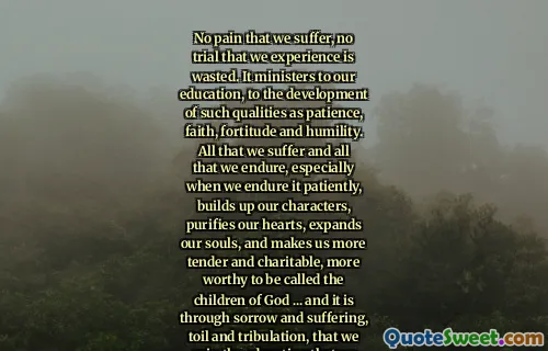 No pain that we suffer, no trial that we experience is wasted. It ministers to our education, to the development of such qualities as patience, faith, fortitude and humility. All that we suffer and all that we endure, especially when we endure it patiently, builds up our characters, purifies our hearts, expands our souls, and makes us more tender and charitable, more worthy to be called the children of God ... and it is through sorrow and suffering, toil and tribulation, that we gain the education that we come here to acquire and which will make us more like our Father and Mother in heaven.
