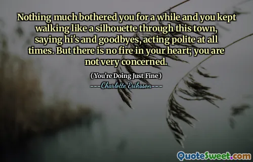Nothing much bothered you for a while and you kept walking like a silhouette through this town, saying hi's and goodbyes, acting polite at all times. But there is no fire in your heart; you are not very concerned.