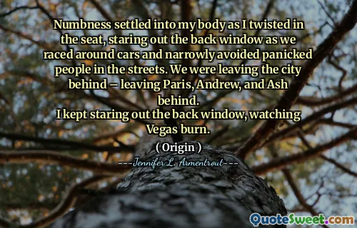 Numbness settled into my body as I twisted in the seat, staring out the back window as we raced around cars and narrowly avoided panicked people in the streets. We were leaving the city behind – leaving Paris, Andrew, and Ash behind.
I kept staring out the back window, watching Vegas burn.