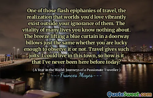 One of those flash epiphanies of travel, the realization that worlds you'd love vibrantly exist outside your ignorance of them. The vitality of many lives you know nothing about. The breeze lifting a blue curtain in a doorway billows just the same whether you are lucky enough to observe it or not. Travel gives such jolts. I could live in this town, so how is it that I've never been here before today?