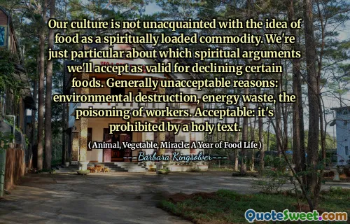 ჩვენი კულტურა არ არის მიუწვდომელი საკვების, როგორც სულიერად დატვირთული საქონლის იდეით. ჩვენ განსაკუთრებით განსაკუთრებით ვართ იმის შესახებ, თუ რომელ სულიერ არგუმენტებს მივიღებთ, როგორც მოქმედებს გარკვეული საკვების შემცირებისთვის. ზოგადად მიუღებელი მიზეზები: გარემოს განადგურება, ენერგეტიკული ნარჩენები, მუშების მოწამვლა. მისაღებია: ეს აკრძალულია წმინდა ტექსტით.