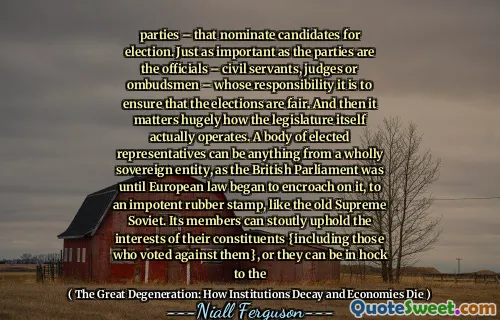 parties – that nominate candidates for election. Just as important as the parties are the officials – civil servants, judges or ombudsmen – whose responsibility it is to ensure that the elections are fair. And then it matters hugely how the legislature itself actually operates. A body of elected representatives can be anything from a wholly sovereign entity, as the British Parliament was until European law began to encroach on it, to an impotent rubber stamp, like the old Supreme Soviet. Its members can stoutly uphold the interests of their constituents {including those who voted against them}, or they can be in hock to the